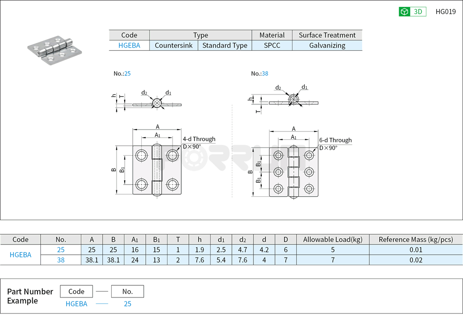 Steel Flat Hinges - Countersink Drawing/Specifications