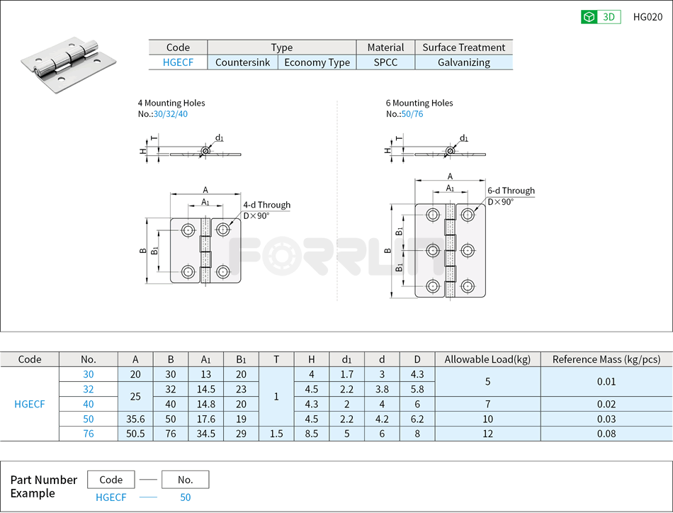 Steel Flat Hinges - Countersink, Economy Type Drawing/Specifications