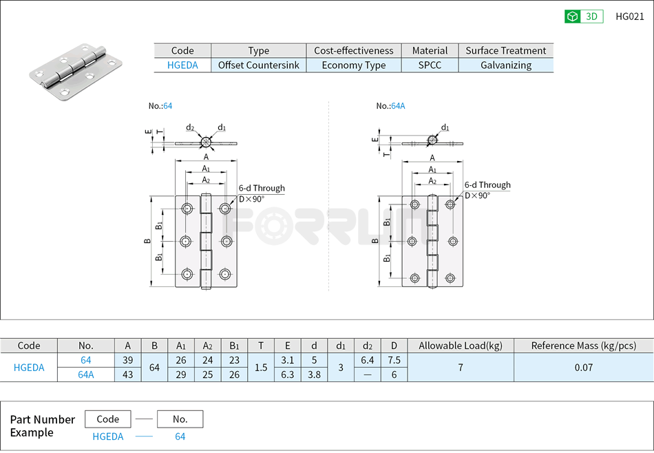 Steel Hinges - Offset Countersink Drawing/Specifications