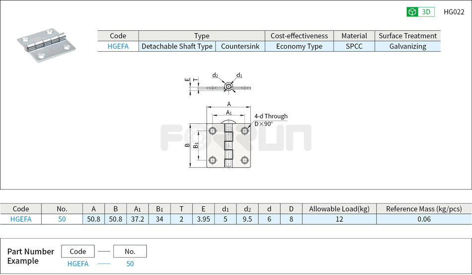 Steel Detachable Hinges, Countersink Drawing/Specifications
