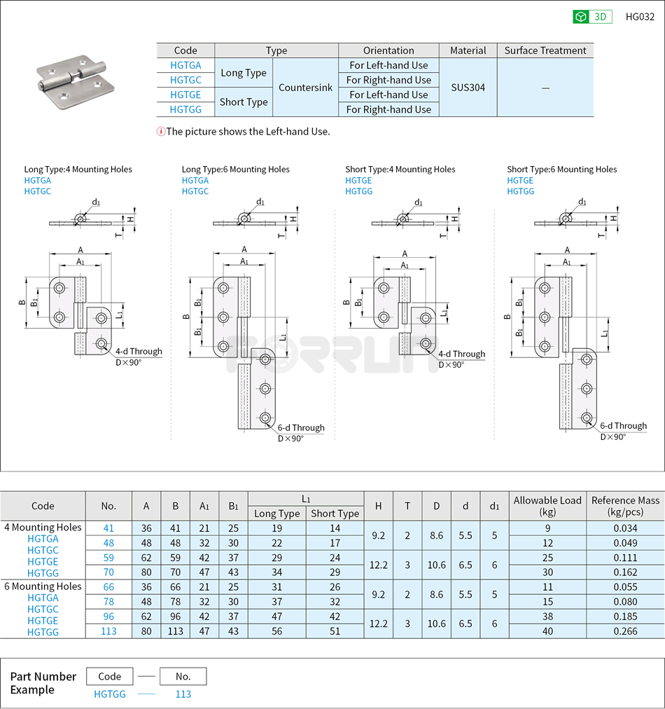 Detachable Hinges - Countersink, Stainless Steel Drawing/Specifications