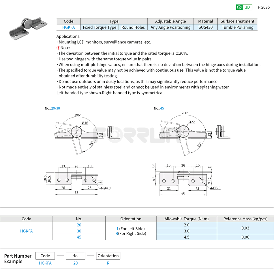 Torque Hinges - L-shaped, Round Hole, SUS430 Drawing/Specifications