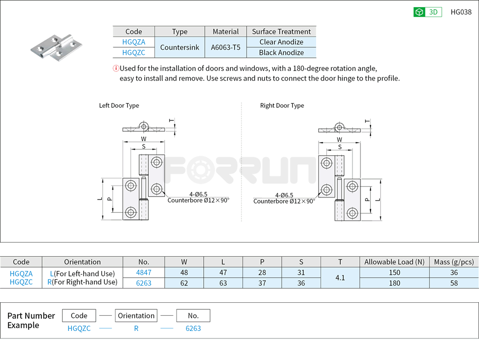 Aluminum Detachable Hinges - Countersink Drawing/Specifications