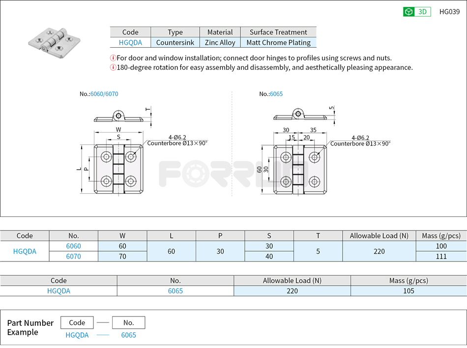 Zinc Alloy Hinges for Aluminum Profile -  Countersink Drawing/Specifications