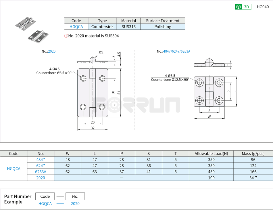 Stainless Steel Hinges for Aluminum Profile - Countersink Drawing/Specifications