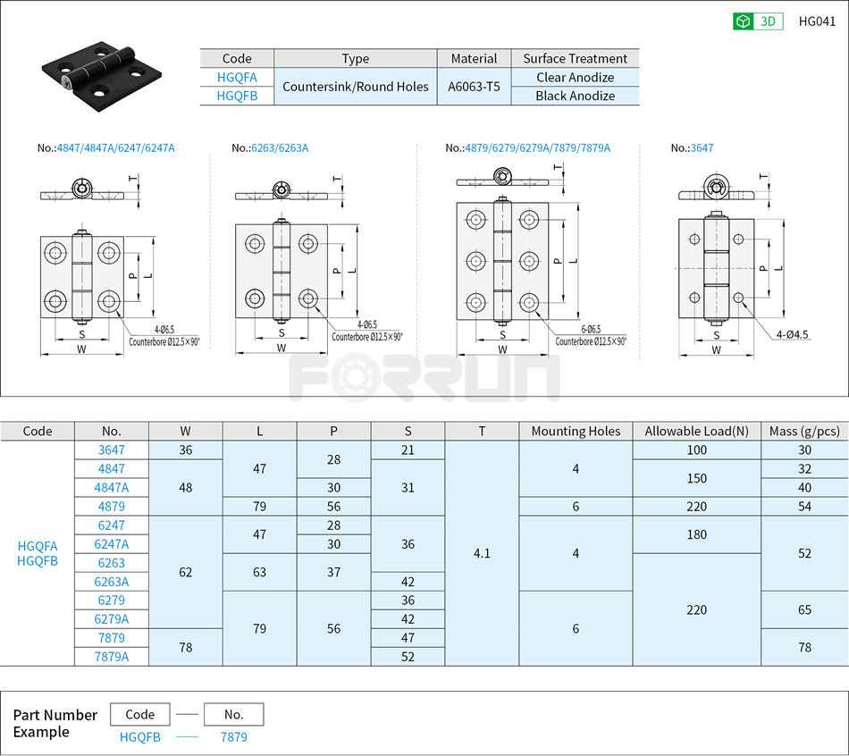Aluminum Hinges for Aluminum Profile - Countersink · Round Hole Drawing/Specifications