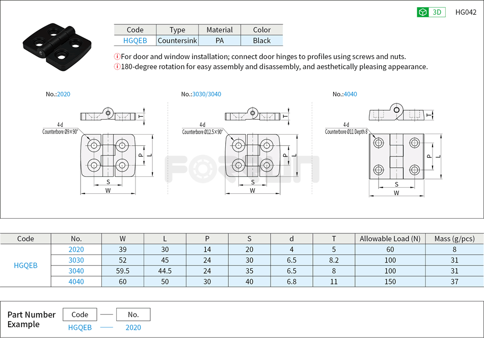Nylon Plastic Hinges for Aluminum Profile - Counterbore · Countersink Drawing/Specifications