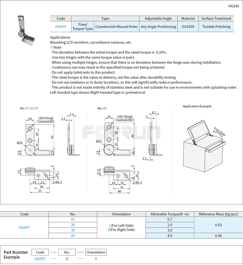 Torque Hinges for Monitor - L-shaped, Arbitrary Angle Positioning Type, Round Hole, SUS430 Drawing/Specifications