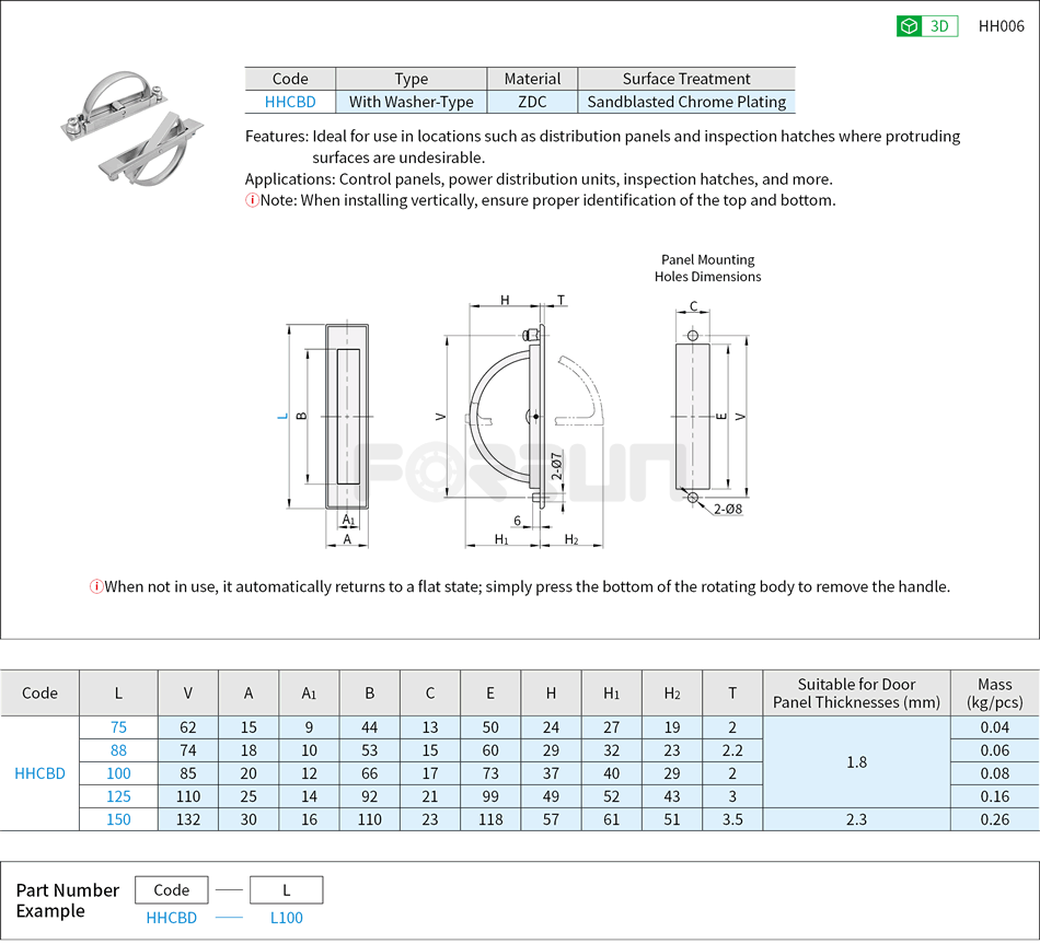Rotary Pull Handles - ZDC, Internally Mounting Type, With Washer-Type Drawing/Specifications