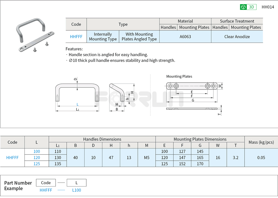 Angled Handles - With Mounting Plates, Internally Mounting Type Drawing/Specifications