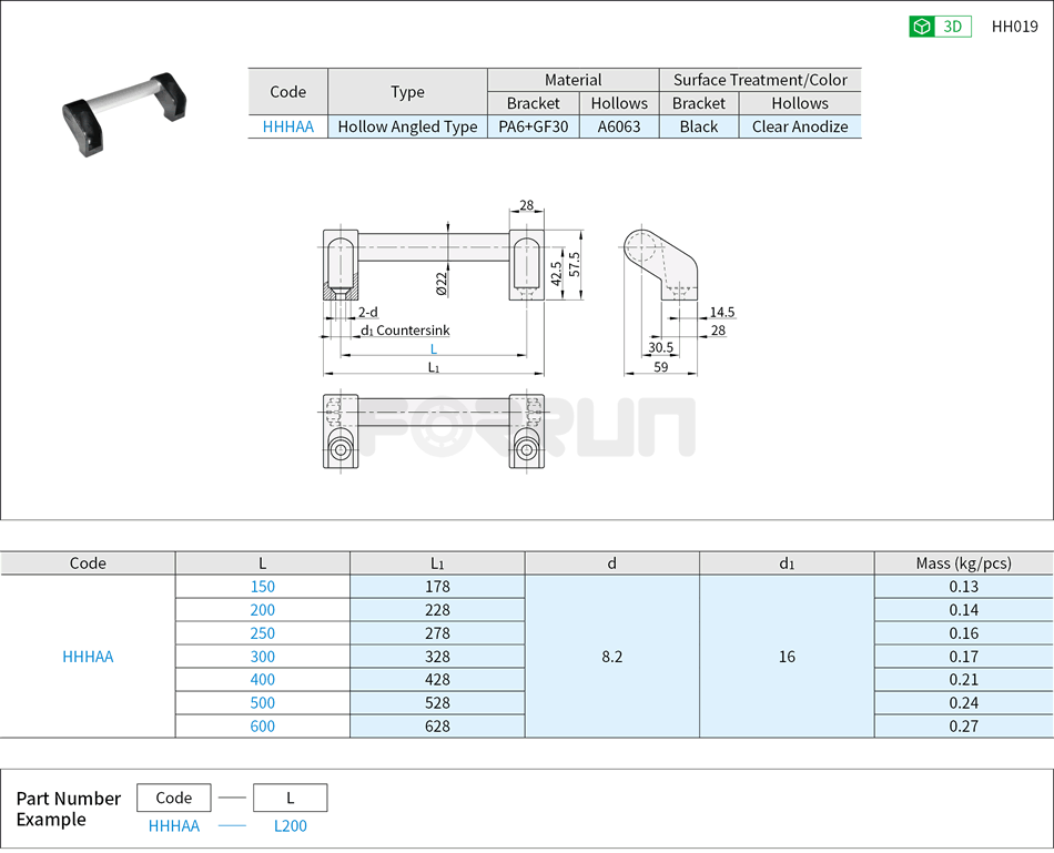 Aluminum Hollow Angled Handles - Externally Mounting Type Drawing/Specifications
