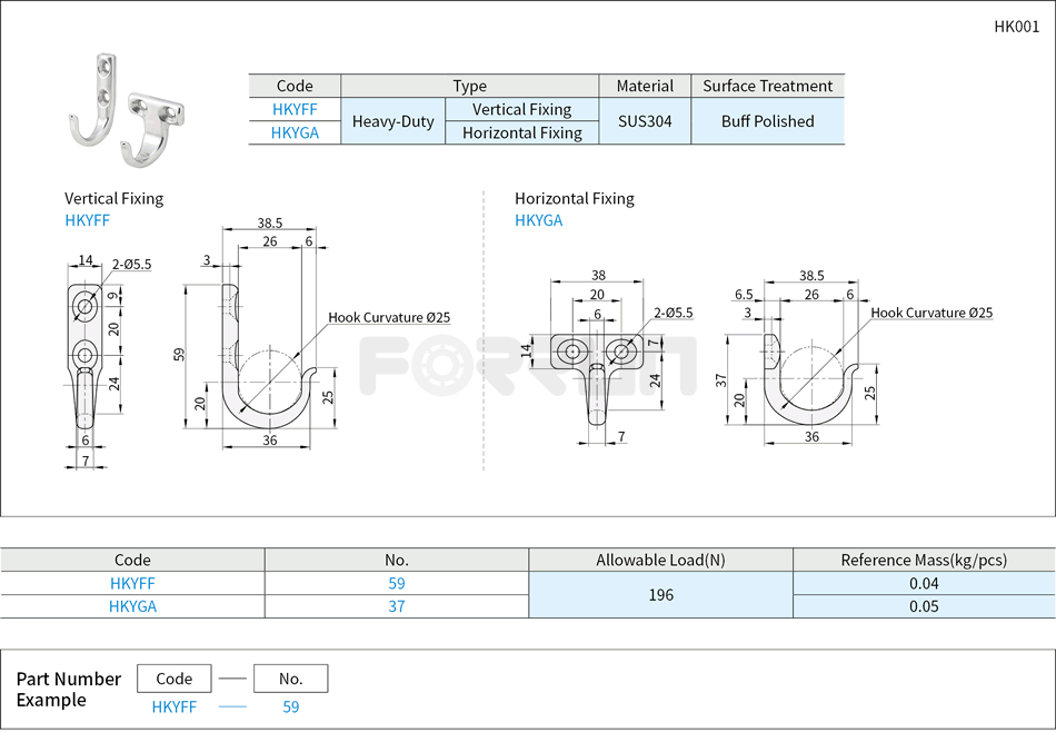 Heavy-Duty Hook - Vertical and Horizontal Fixing, SUS304 Stainless Steel Drawing/Specifications