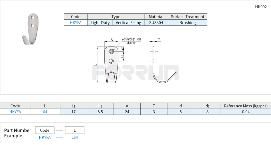 Light-Duty Hook - Vertical Fixing, SUS304 Stainless Steel Drawing/Specifications
