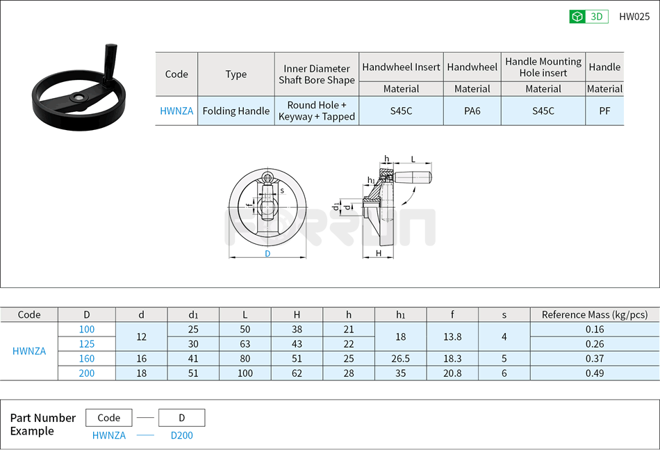Nylon Two-Spoked Handwheels - Round Hole + Keyway Type, With Folding Handle Drawing/Specifications