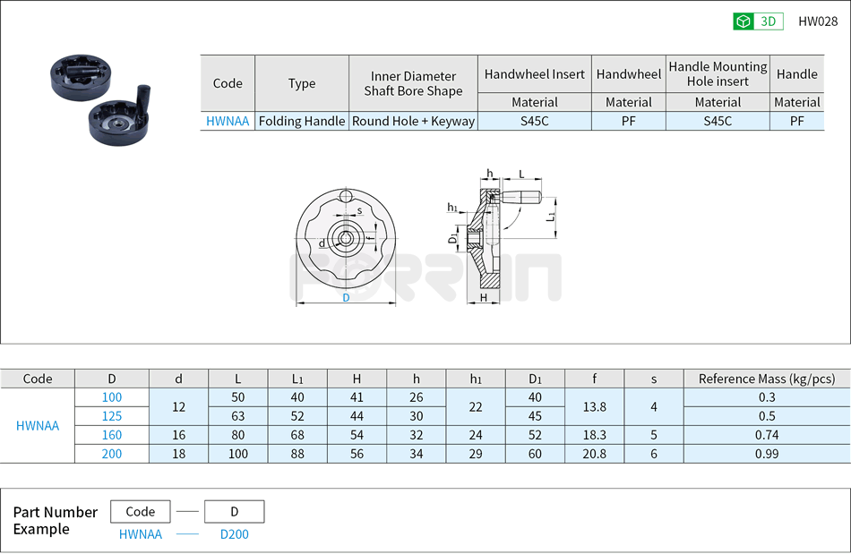 Solid Disk Handwheels - Wave Inside Shaped, With Folding Handle Drawing/Specifications