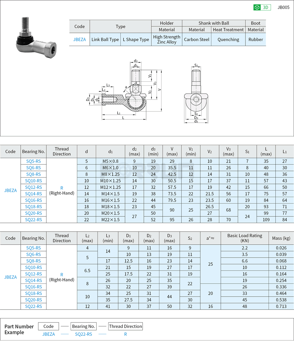Rod End Bearings - Link Ball L Shape Type, SQ Series Drawing/Specifications