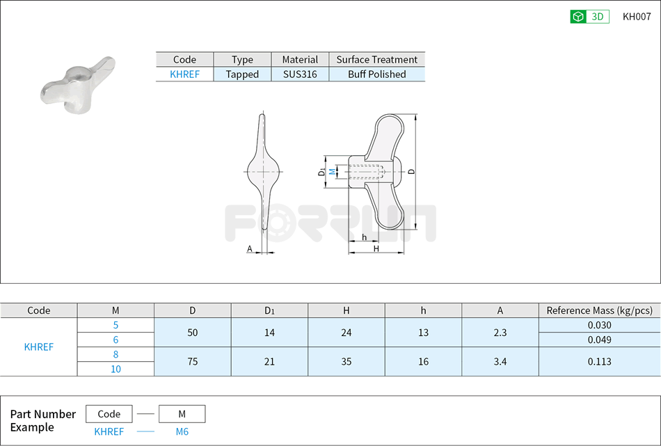Stainless Steel Knobs - Wing Shaped, Nut Type Drawing/Specifications