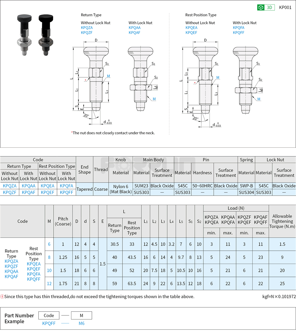 Indexing Plunger - Compact Type, Coarse Thread, Return Type, Rest Position Type Drawing/Specifications