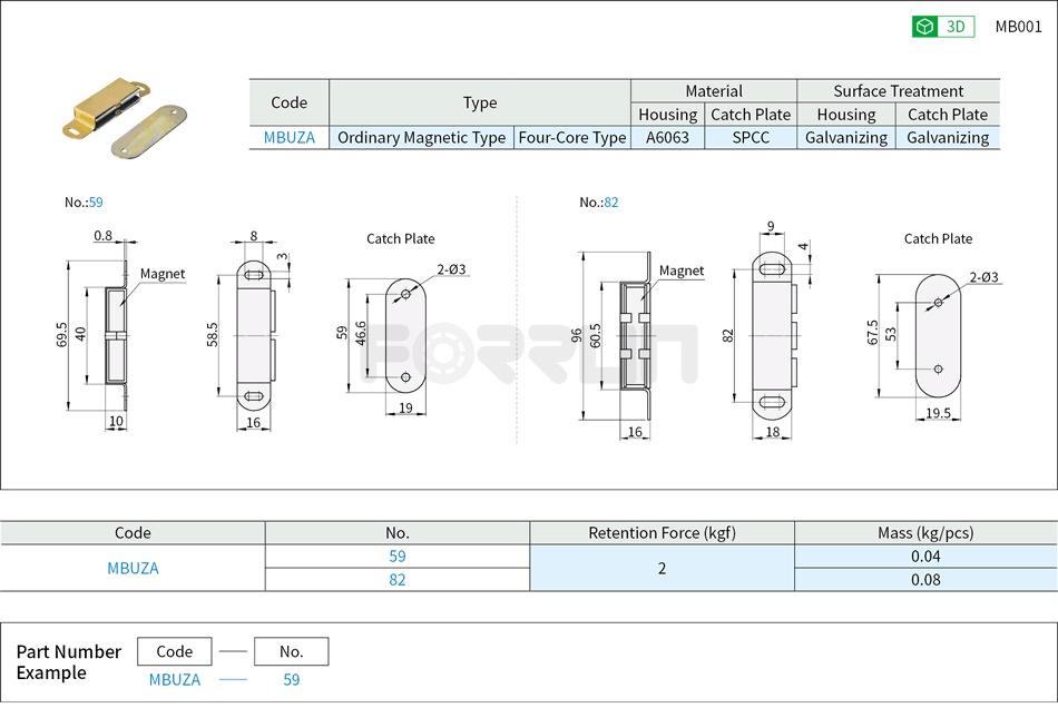 Door Magnetic Catches - Side-face Ordinary Magnetic Type, Four-Core Type Drawing/Specifications