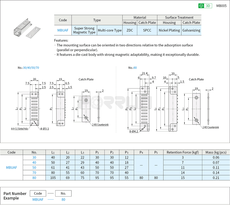 Door Magnetic Catches - Side-face Super Strong Magnetic Type, Multi-core Type Drawing/Specifications