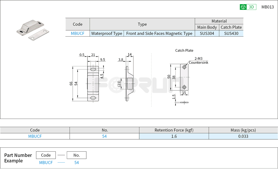 Waterproof Door Magnetic Catches - Front and Side Faces Ordinary Magnetic Type Drawing/Specifications