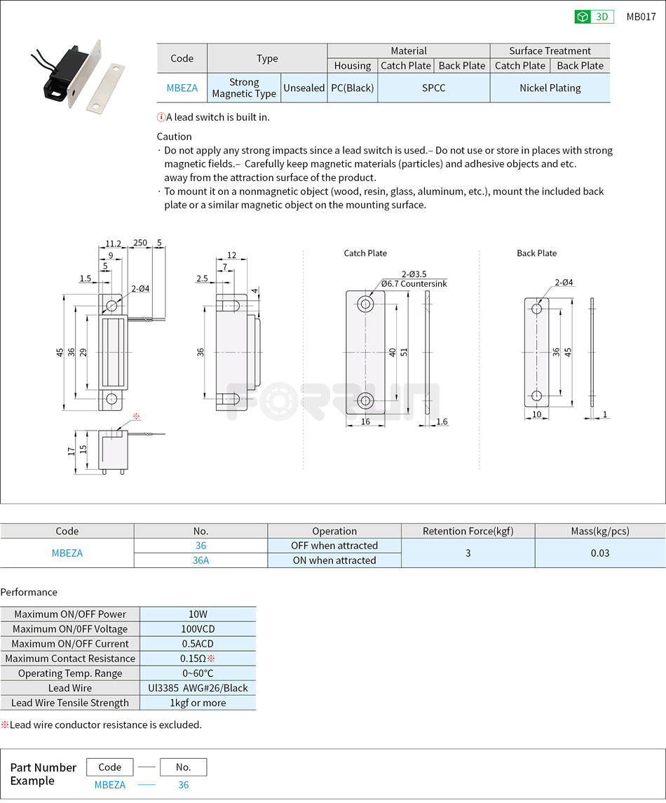 Door Magnetic Catches - Sensor, Two Lead Wires Type Drawing/Specifications