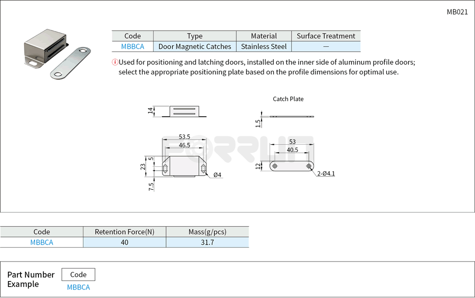 Door Magnetic Catches for Aluminum Profiles Drawing/Specifications
