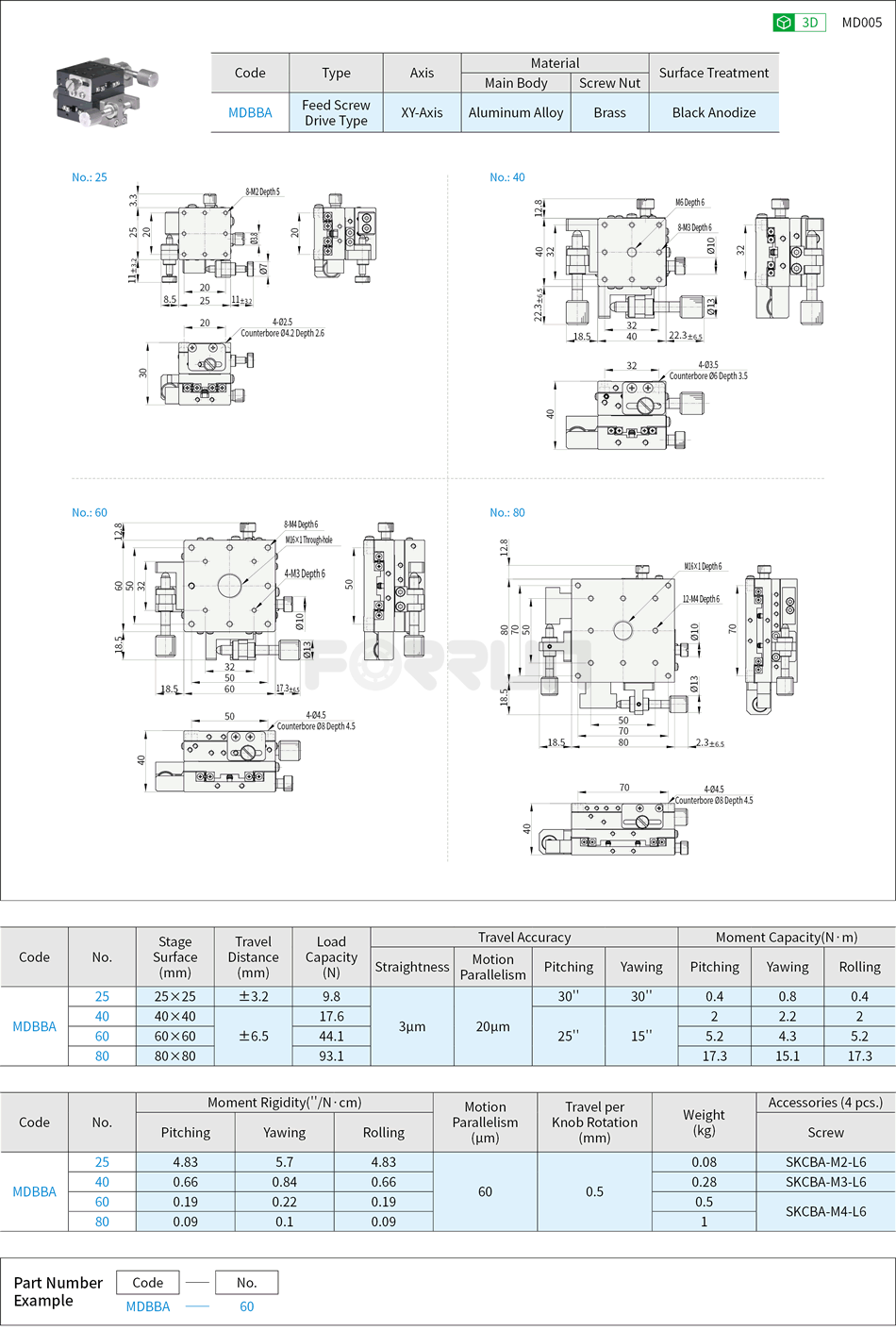 Manual XY-Axis Stages - Linear Ball Guide, Feed Screw, High Accuracy Drawing/Specifications