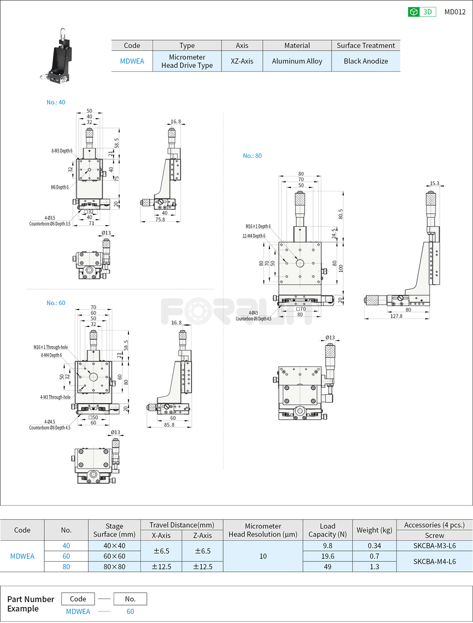 Manual XZ-Axis Stages - Cross Roller Guide, Micrometer Head, High Accuracy Drawing/Specifications