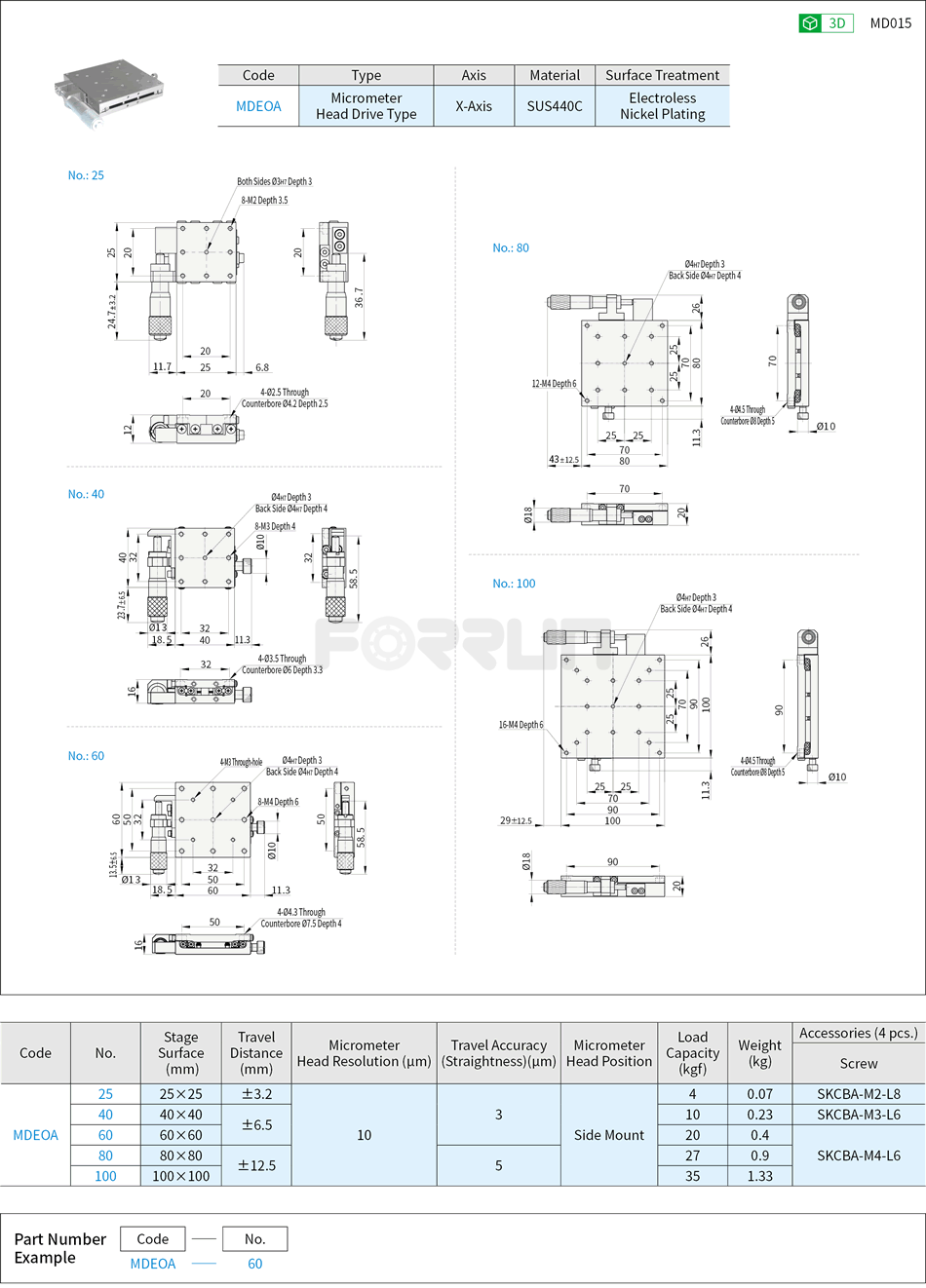 Manual X-Axis Stages - Linear Ball Guide, Micrometer Head, High Accuracy Drawing/Specifications