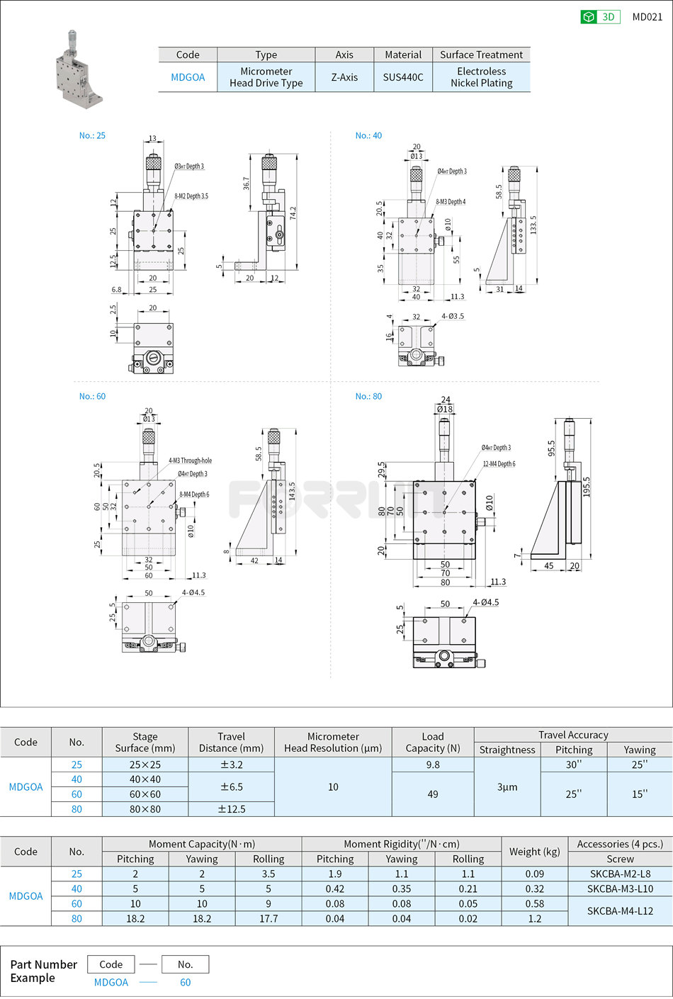 Manual Z-Axis Stages - Linear Ball Guide, Micrometer Head, High Accuracy Drawing/Specifications