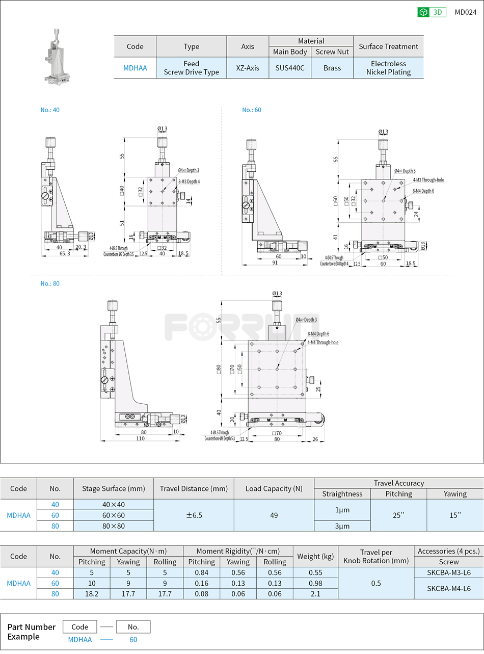 Manual XZ-Axis Stages - Linear Ball Guide, Feed Screw, High Accuracy Drawing/Specifications
