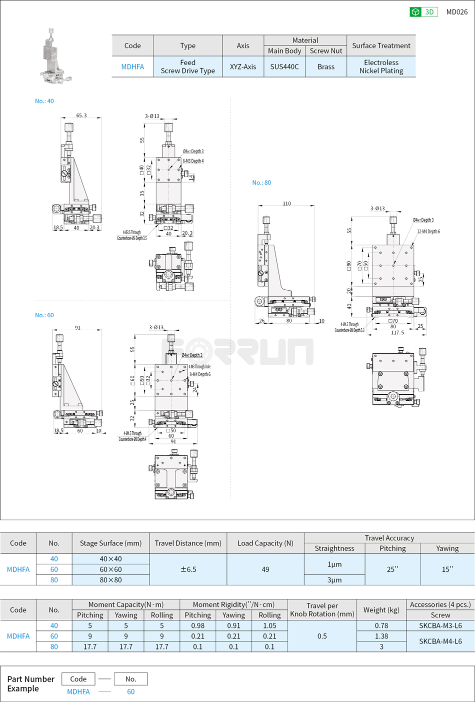 Manual XYZ-Axis Stages - Linear Ball Guide, Feed Screw, High Accuracy Drawing/Specifications