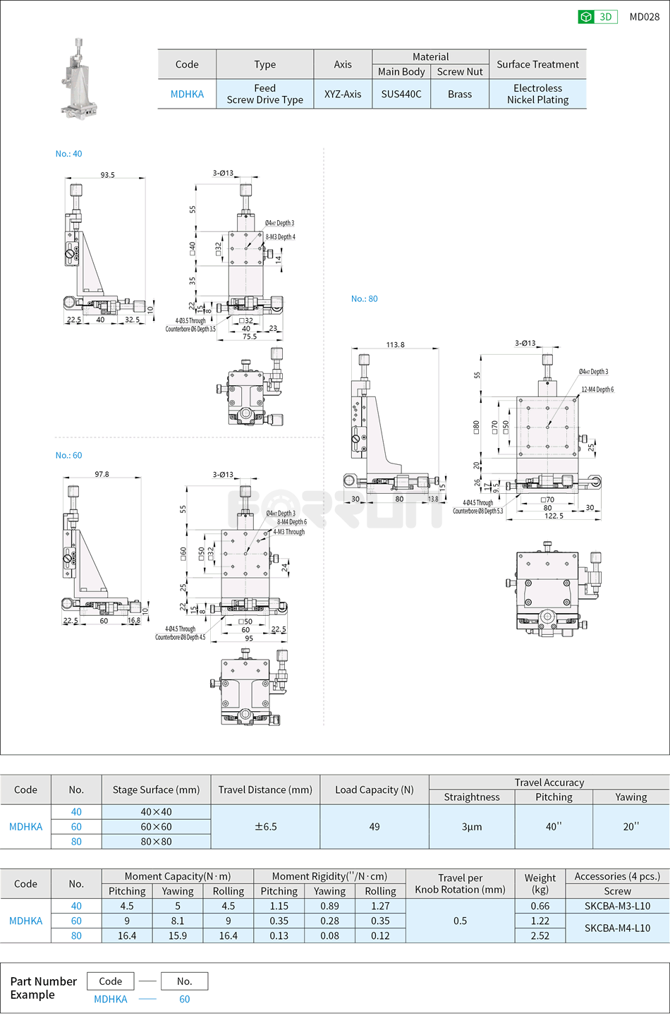 Manual XYZ-Axis Stages - Linear Ball Guide, Feed Screw, Low Profile, High Accuracy Drawing/Specifications