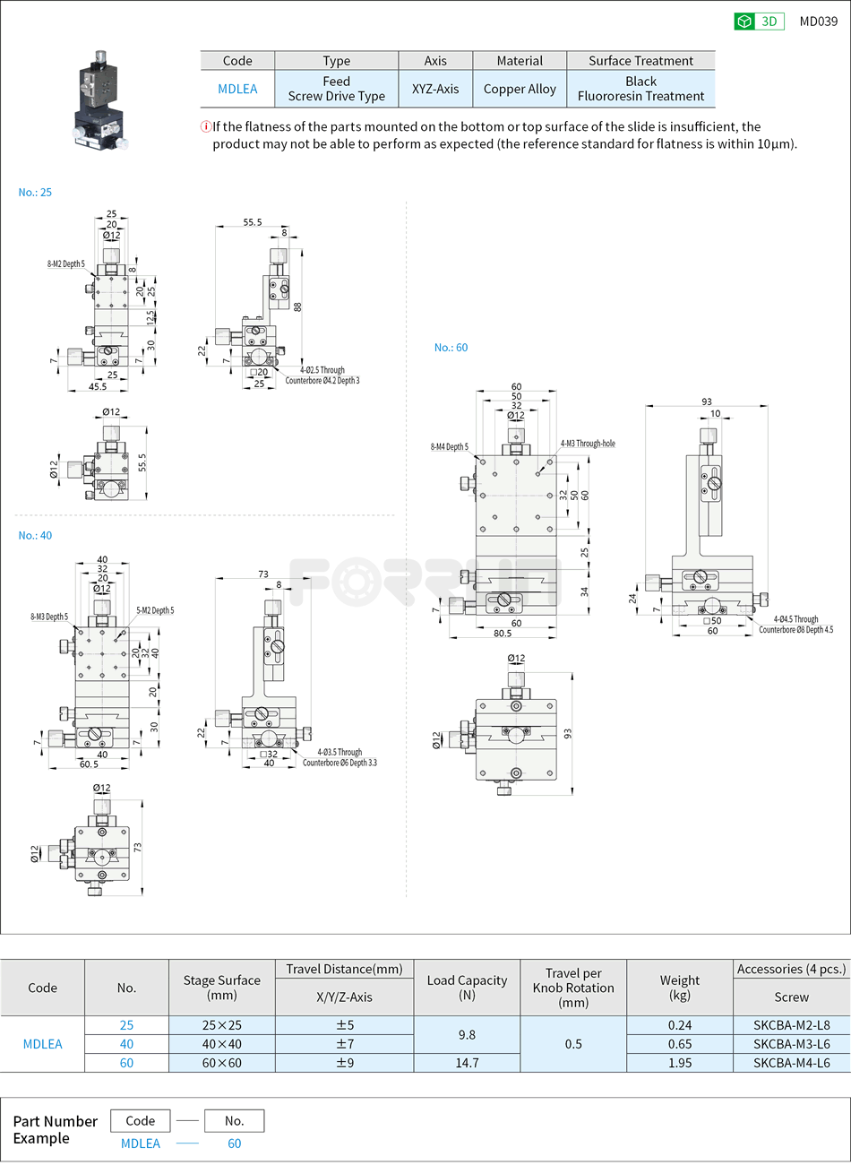 Manual XYZ-Axis Stages - Dovetail Slide, Feed Screw, High Accuracy Drawing/Specifications