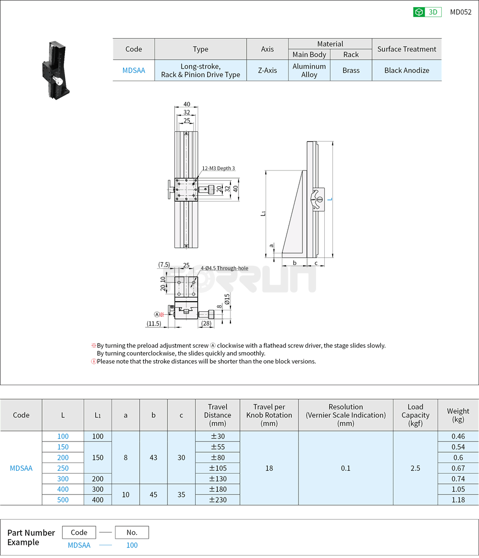 Manual Z-Axis Stages - Dovetail Slide, Long-stroke, Rack & Pinion Drawing/Specifications