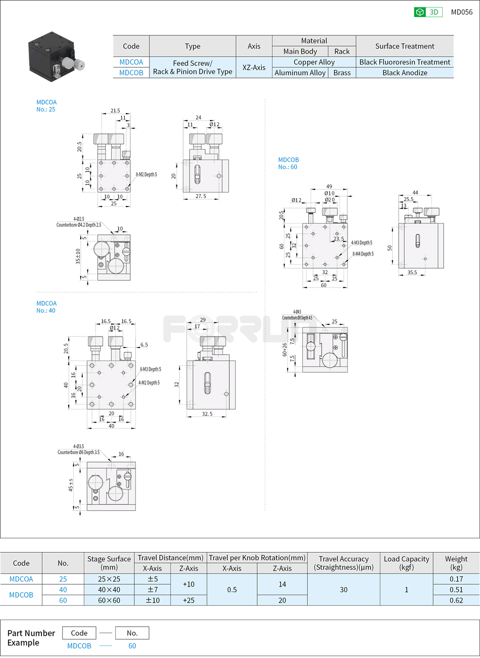 Manual XZ-Axis Stages - Dovetail Slide, Feed Screw/Rack & Pinion, High Accuracy Drawing/Specifications