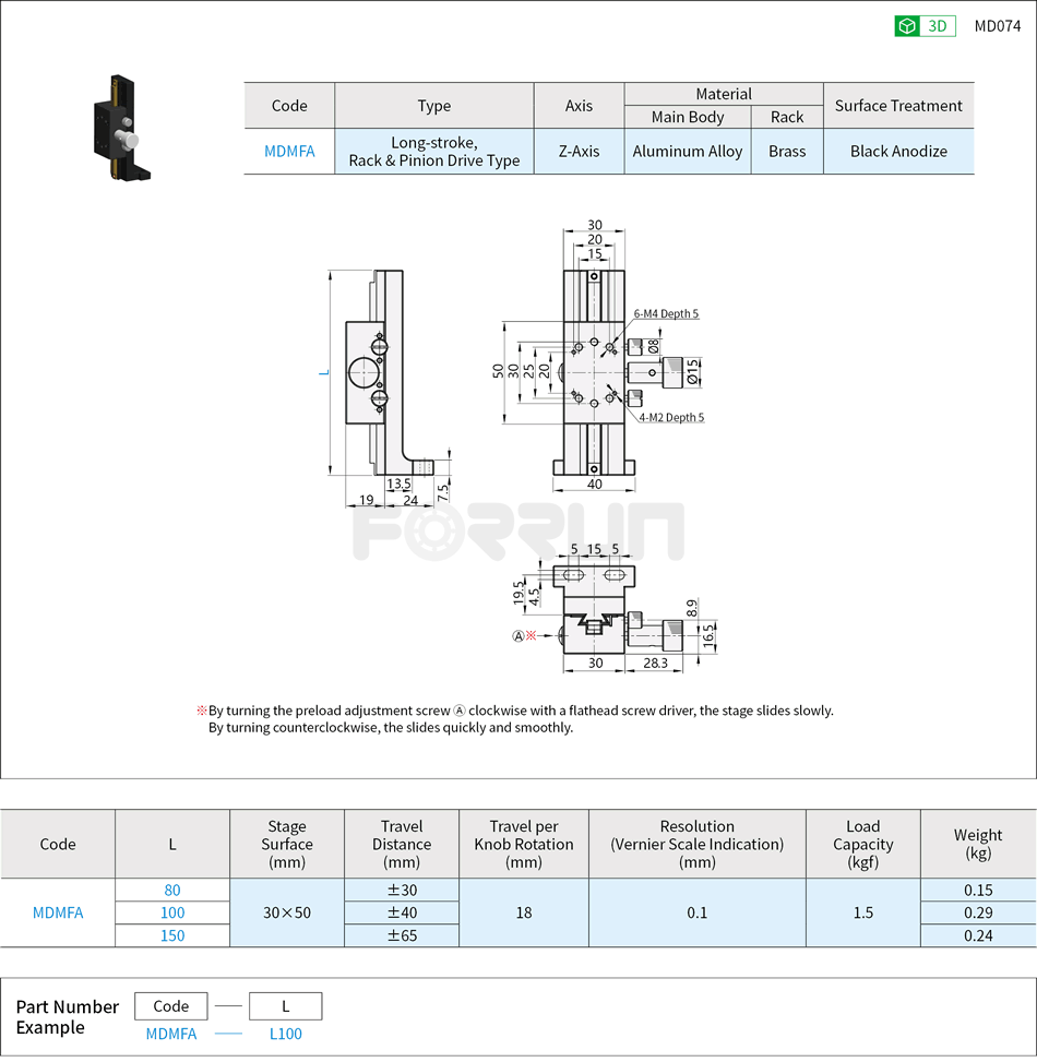 Manual Z-Axis Stages - Dovetail Slide, Long-stroke, Rack & Pinion, Width 30 Drawing/Specifications