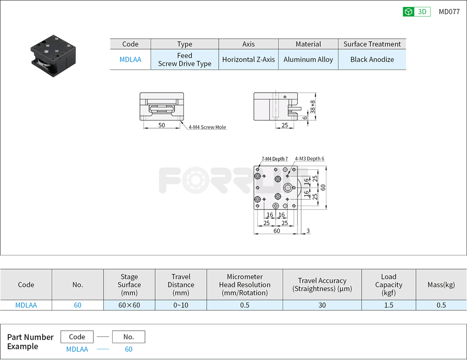 Manual Horizontal Z-Axis Stages - Dovetail Slide, Feed Screw Drawing/Specifications