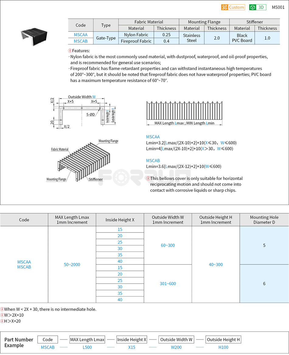 Protective Bellows Cover - Gate-Type Drawing/Specifications