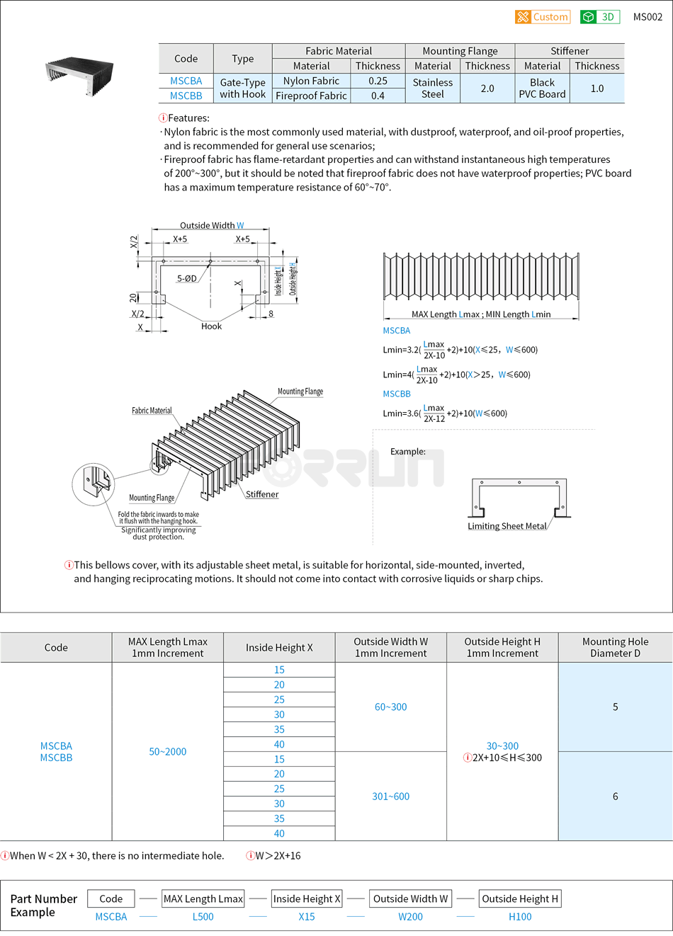 Protective Bellows Cover - Gate-Type with Hook Drawing/Specifications