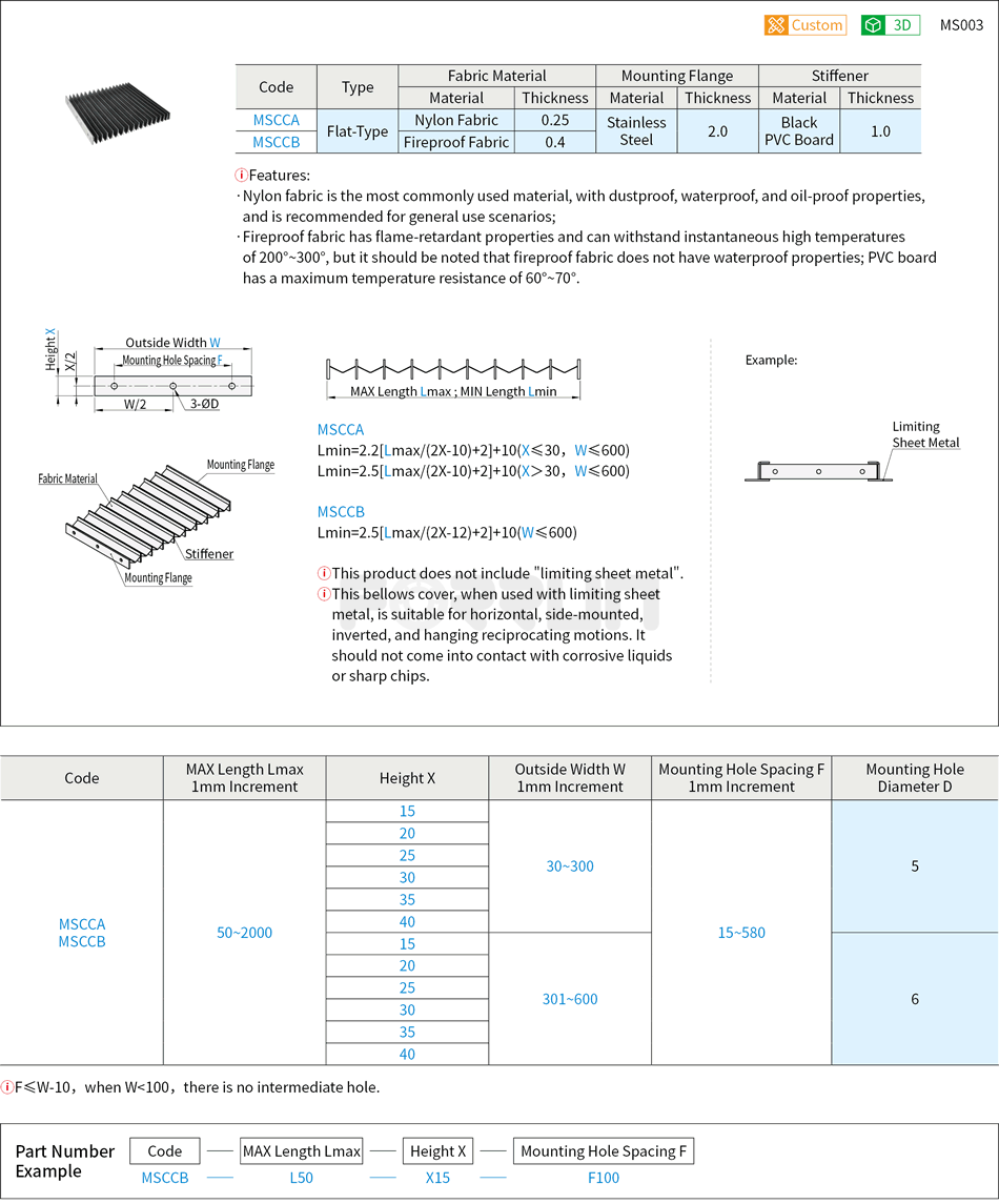 Protective Bellows Cover - Flat-Type Drawing/Specifications