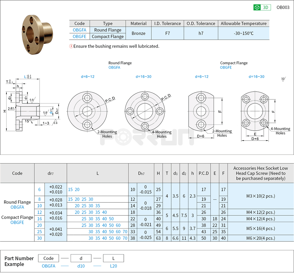 Oil-Free Bushings - Bronze, Flange Type, I.D. F7 O.D. h7 Drawing/Specifications