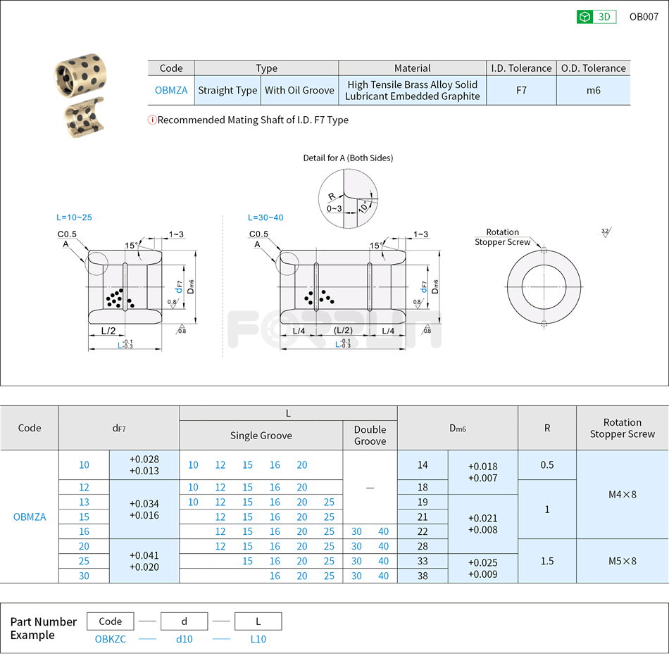 Oil-Free Bushings - Copper Alloy, Straight Type, With Oil Groove, I.D. F7 O.D. m6 Drawing/Specifications