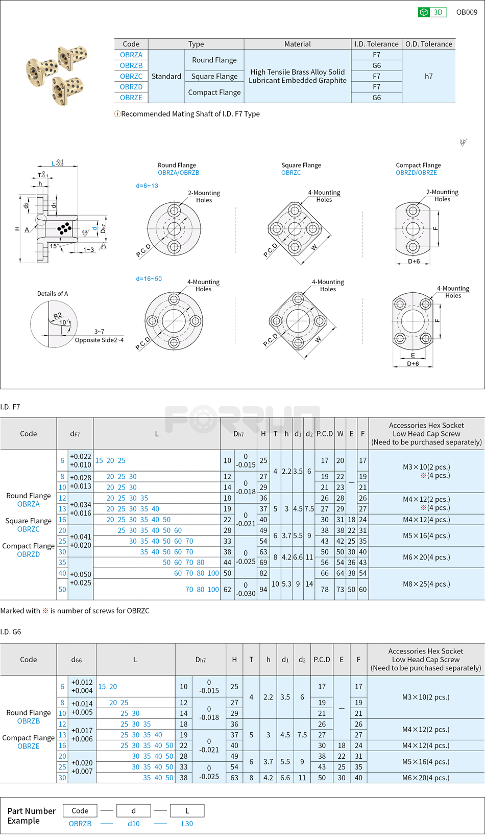 Oil-Free Bushings - Copper Alloy, Flange Type, I.D. F7/G6 O.D. h7 Drawing/Specifications