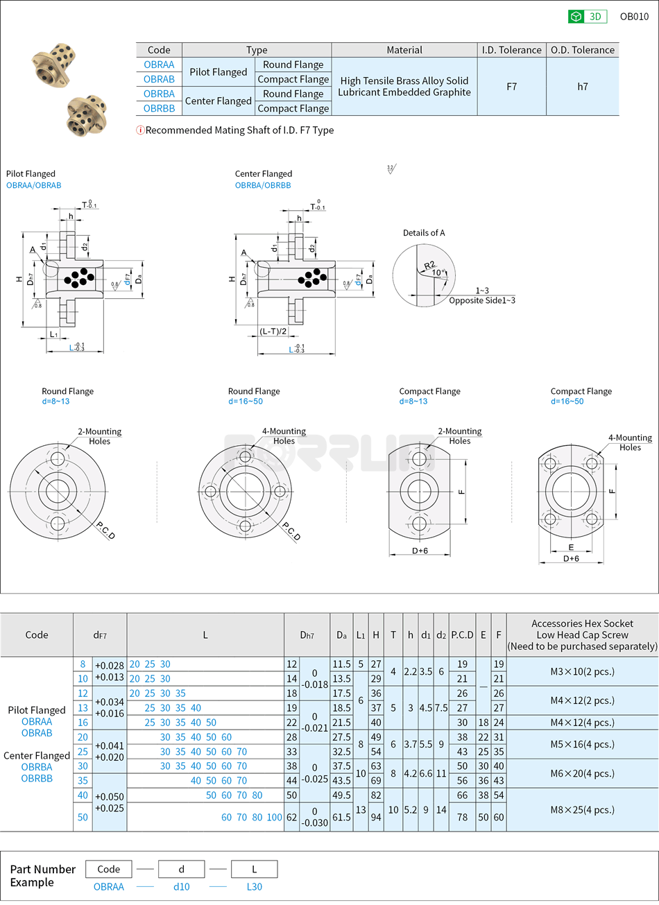 Oil-Free Bushings - Copper Alloy, Pilot Flanged / Center Flanged, I.D. F7 O.D. h7 Drawing/Specifications