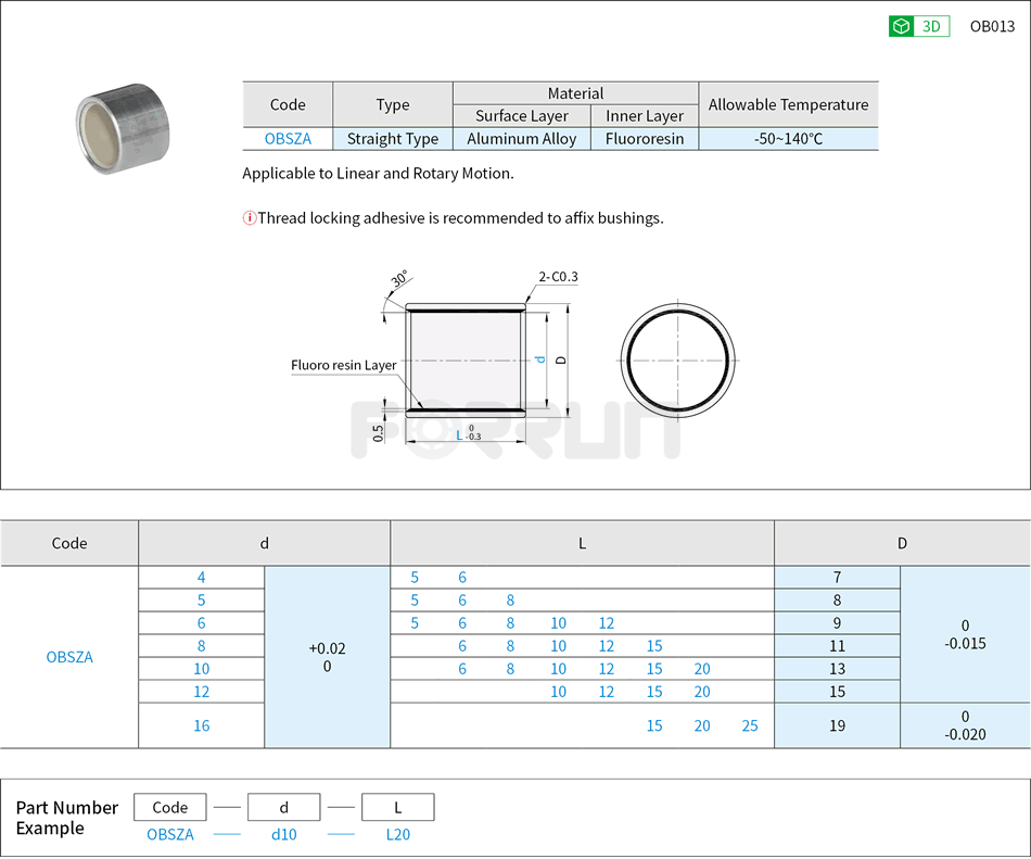 Oil-Free Bushings - High-Precision, Aluminum Alloy and Fluororesin, Straight Type Drawing/Specifications