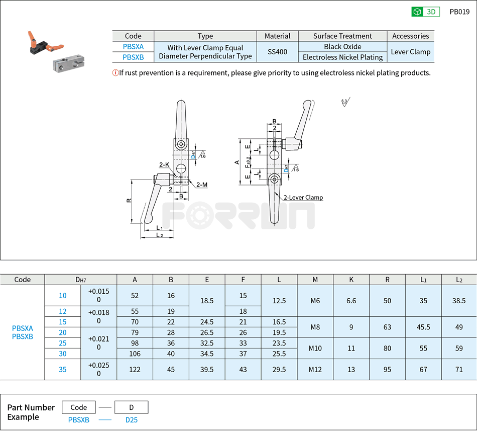 Double-Hole Strut Clamps - with Lever Clamp, Equal Diameter Perpendicular Type Drawing/Specifications