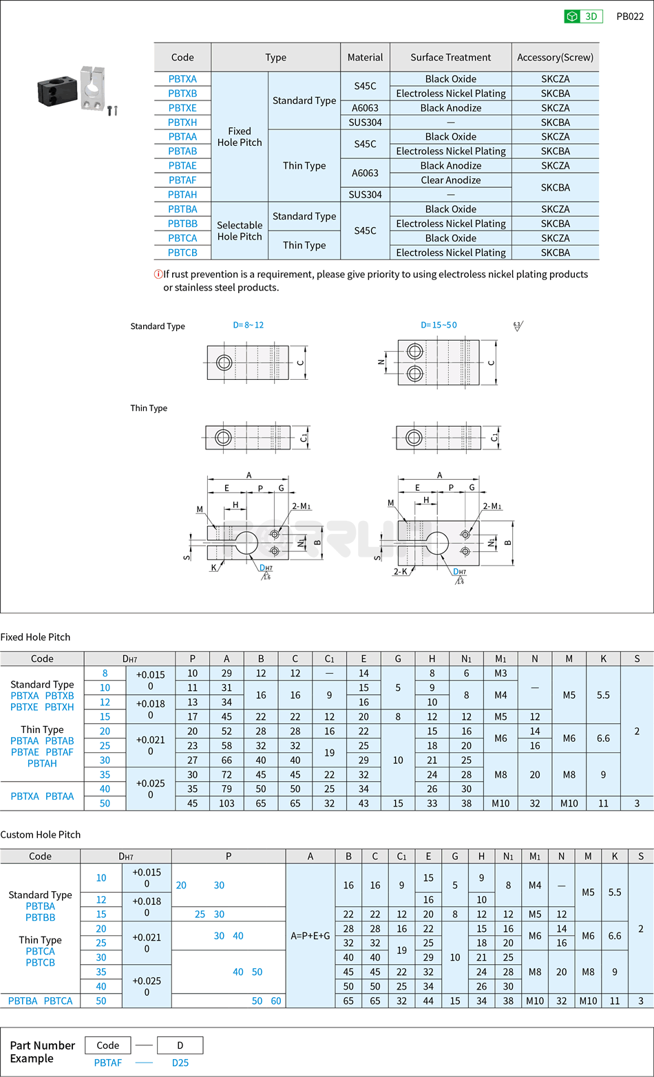 Single-Hole Strut Clamps - Vertical Tapped Hole Type, Fixed Hole Pitch / Selectable Hole Pitch Drawing/Specifications
