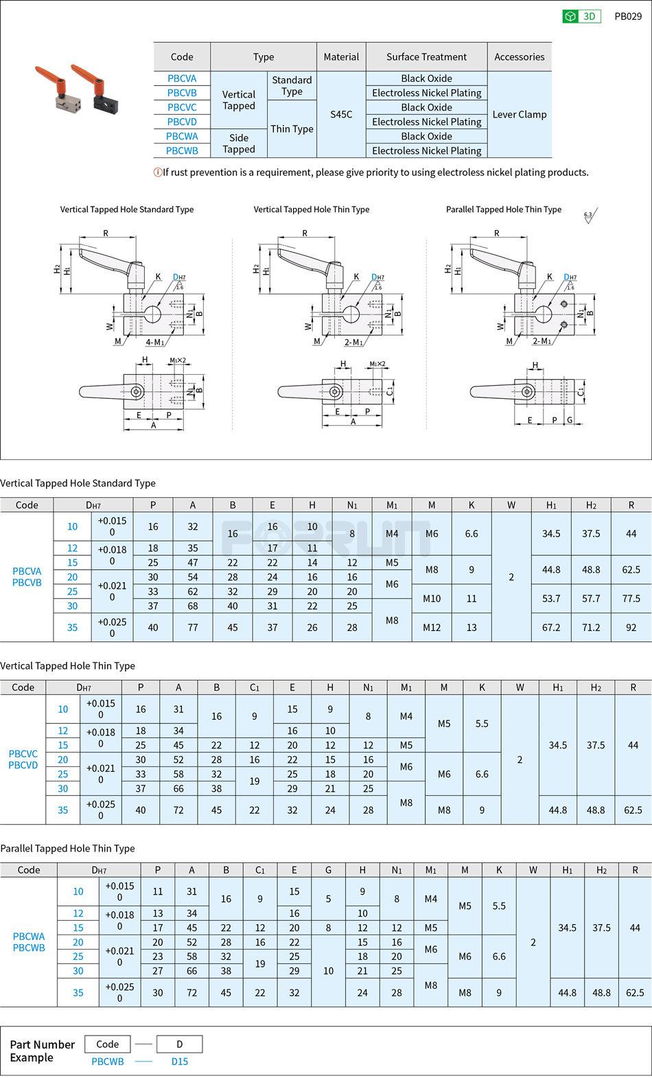Single-Hole Strut Clamp with Lever Clamp - Parallel Tapped Hole Type / Vertical Tapped Hole Type Drawing/Specifications